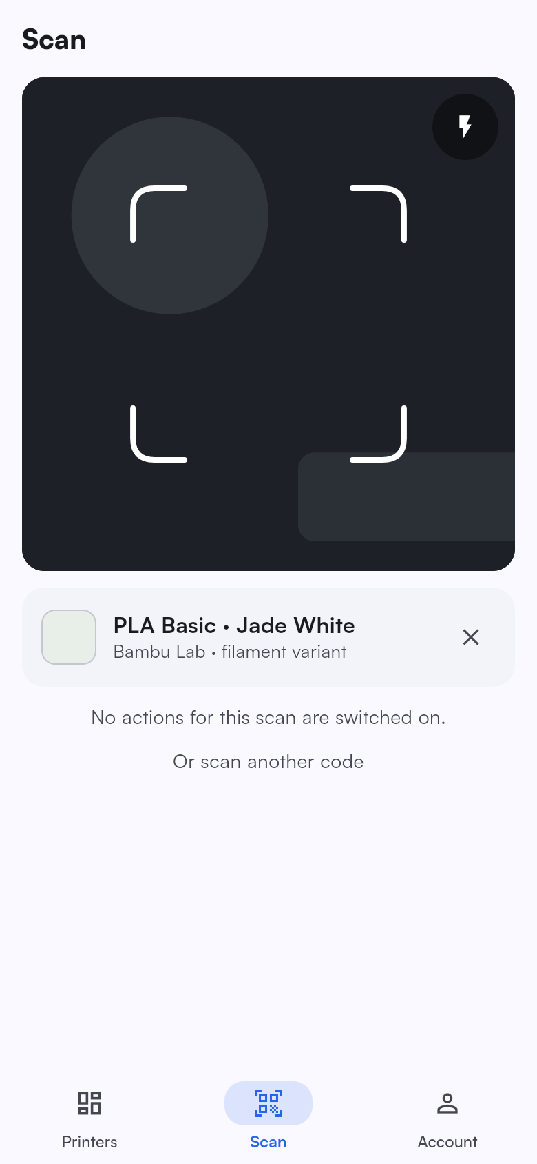 A filament tag scanned with every filament action switched off