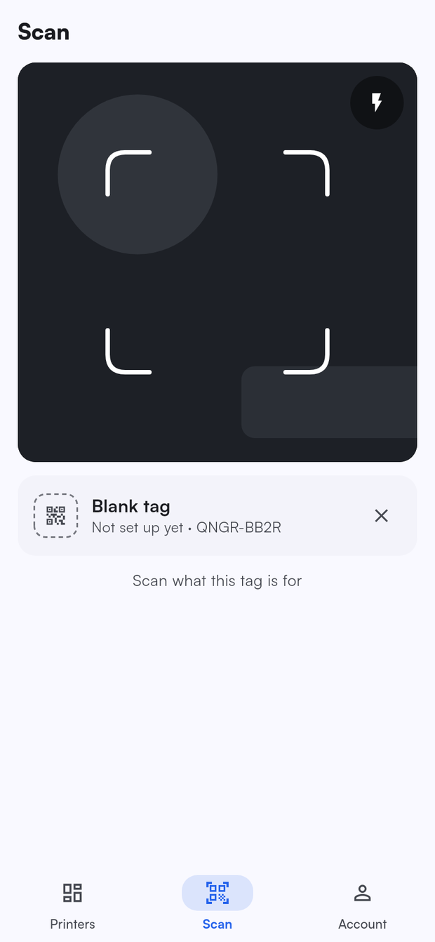A blank tag scanned on its own, not set up yet, with its code