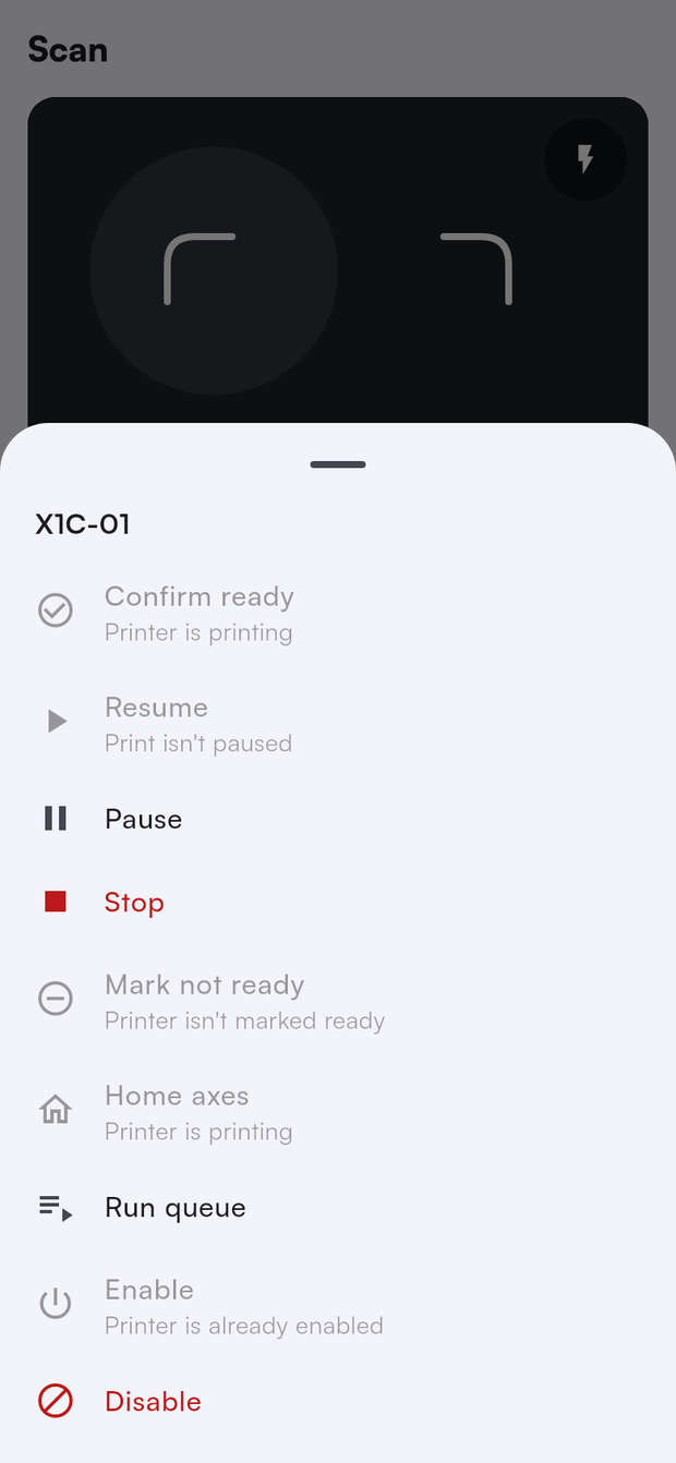 More actions for a printing printer, with unavailable actions and their reasons