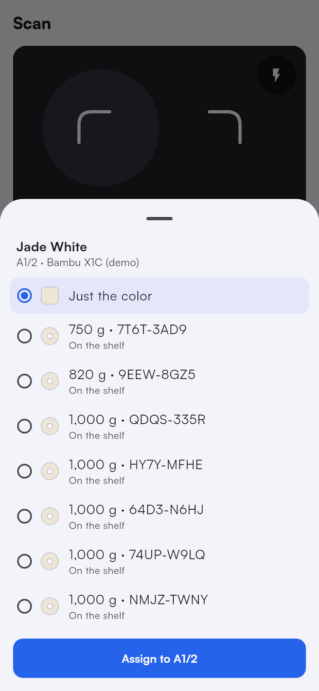 Assign filament on a slot, asking which spool of Jade White is in it