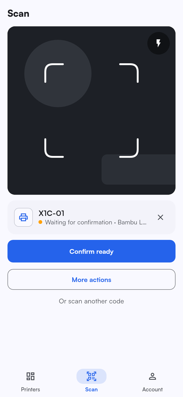 A scanned printer waiting for confirmation, with Confirm ready as the main button