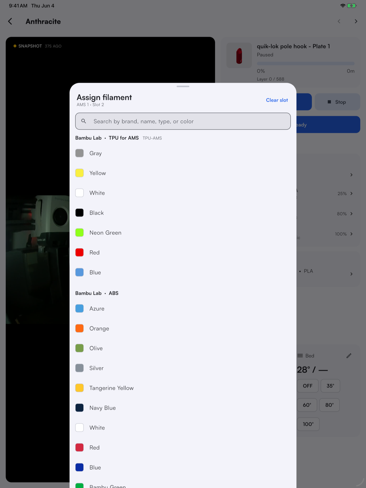 Assign filament dialog on a tablet
