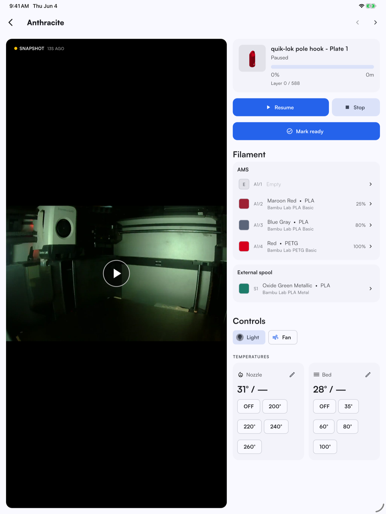 Tablet printer detail with camera on the left and controls on the right