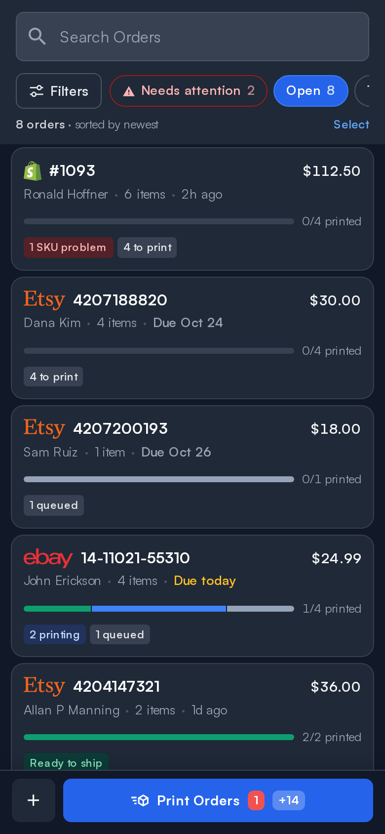 The Orders list on a phone, with order cards showing progress bars and problem tags