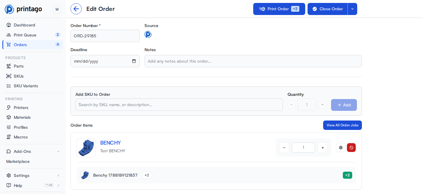 An order's page with the Print Order button in the header, showing a +2 jobs badge