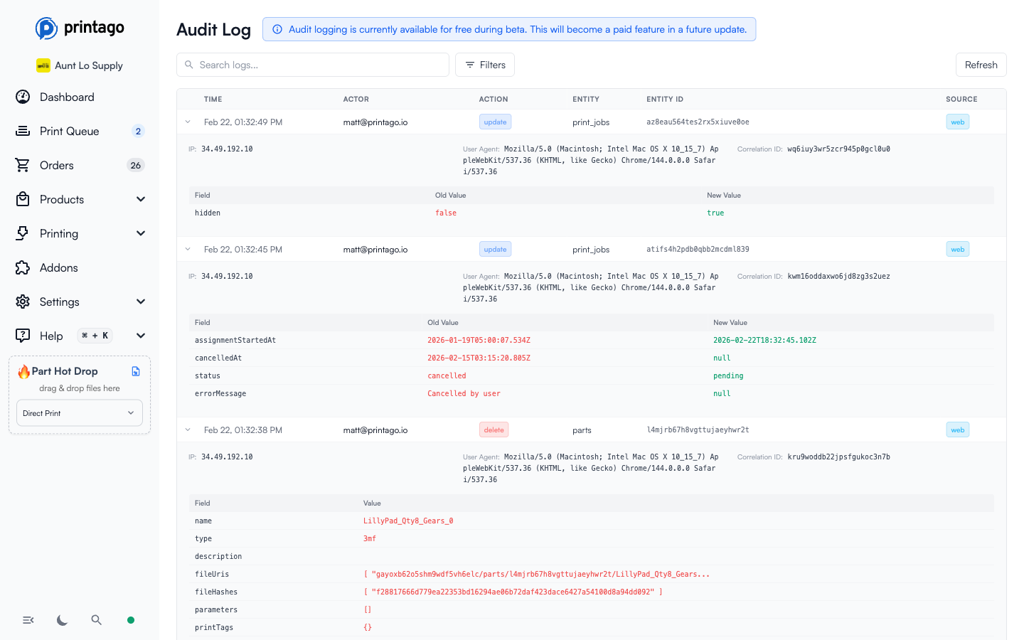 Expanded audit log entry showing field changes
