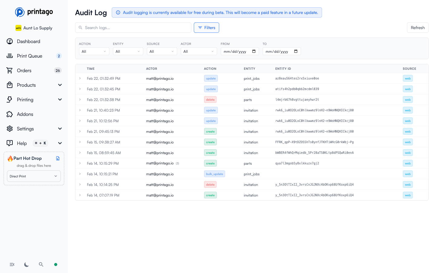 Audit log filter panel