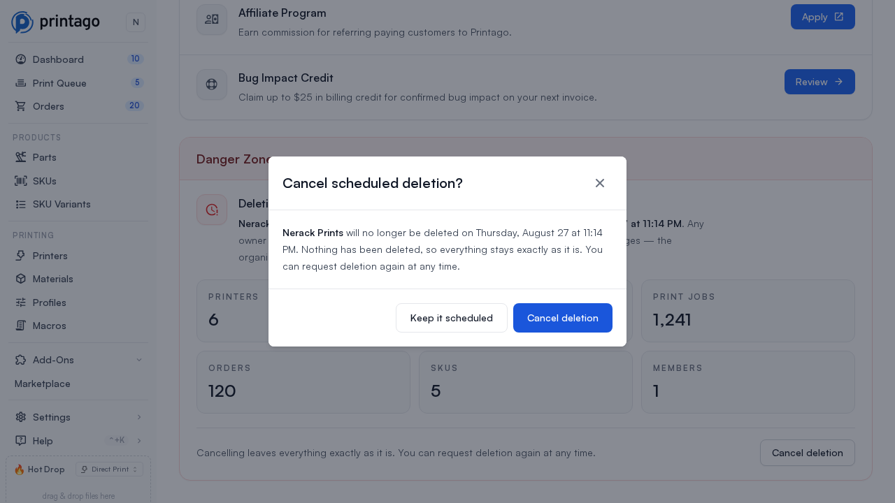 The confirmation dialog for cancelling a scheduled deletion