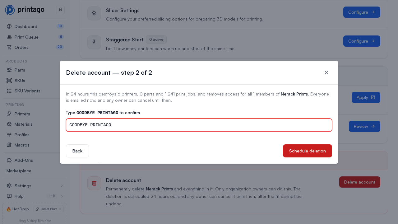 Step two of the delete account dialog, typing the confirmation phrase