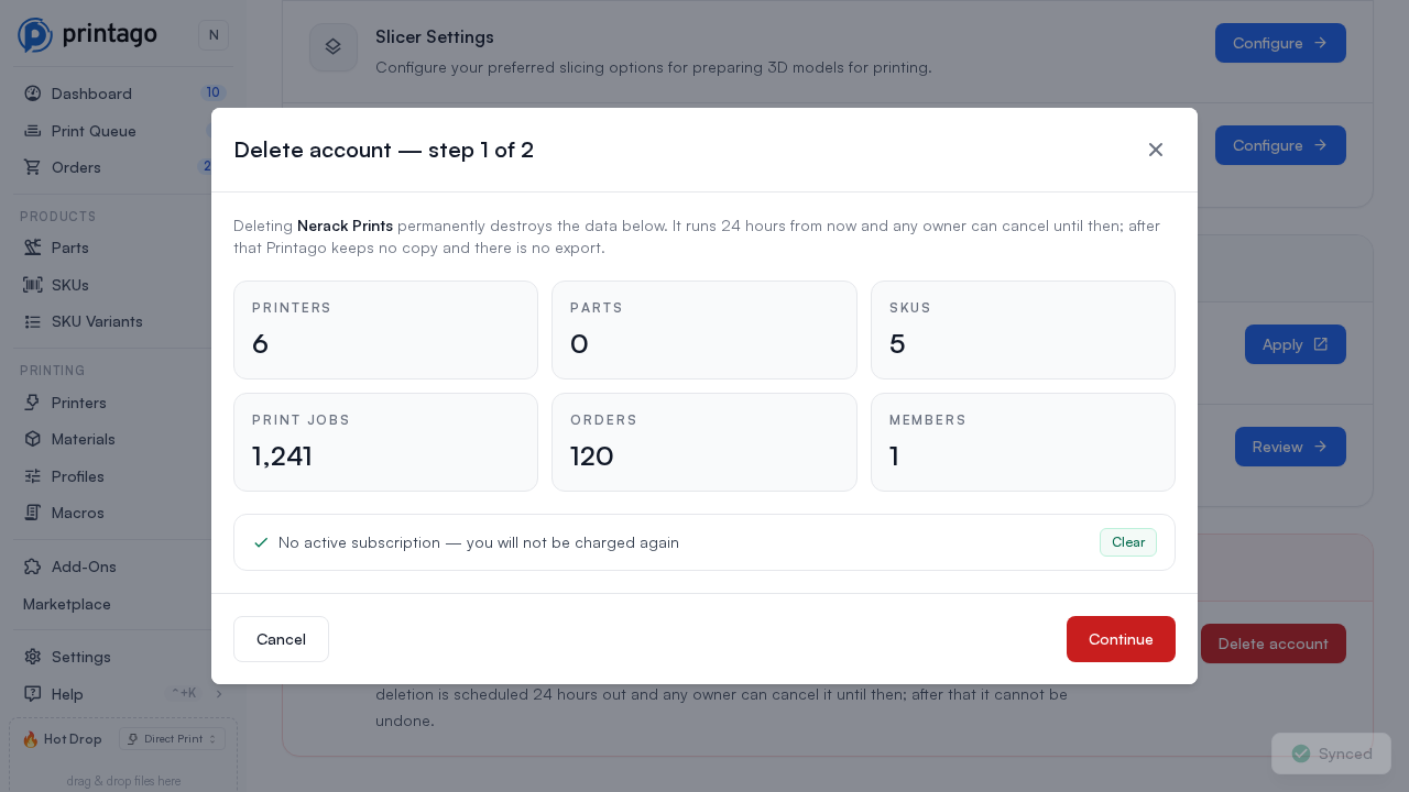 Step one of the delete account dialog, showing the data inventory
