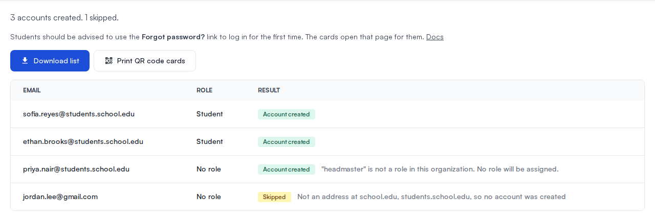 Import Users results with buttons to download the list or print QR code cards