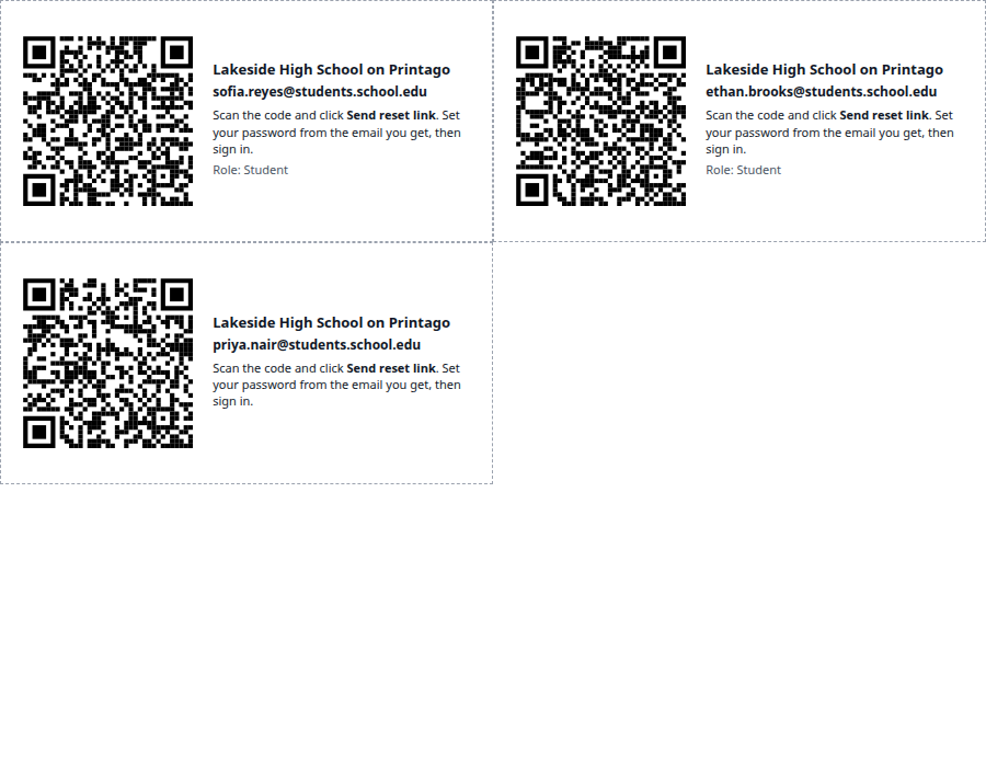 Printable sheet of cards, each with a QR code and an email address