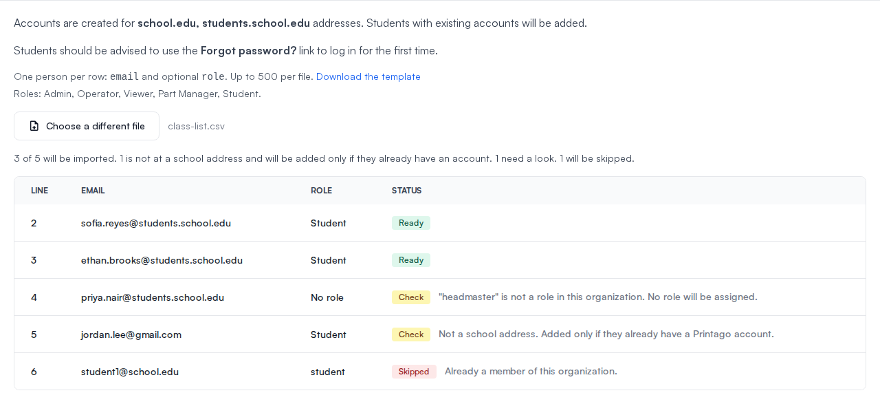 Import Users preview with rows marked Ready, Check, and Skipped