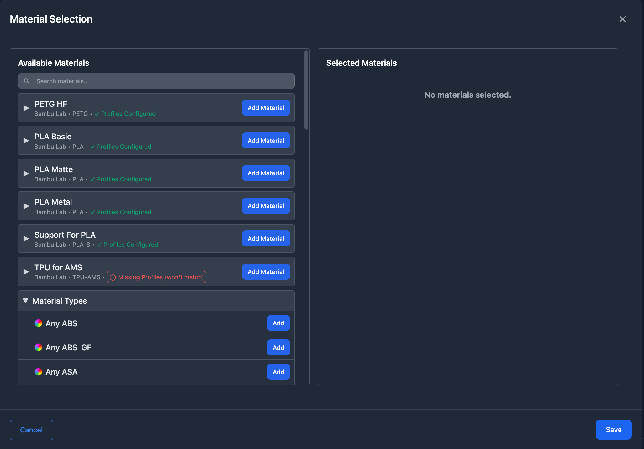 material selection modal