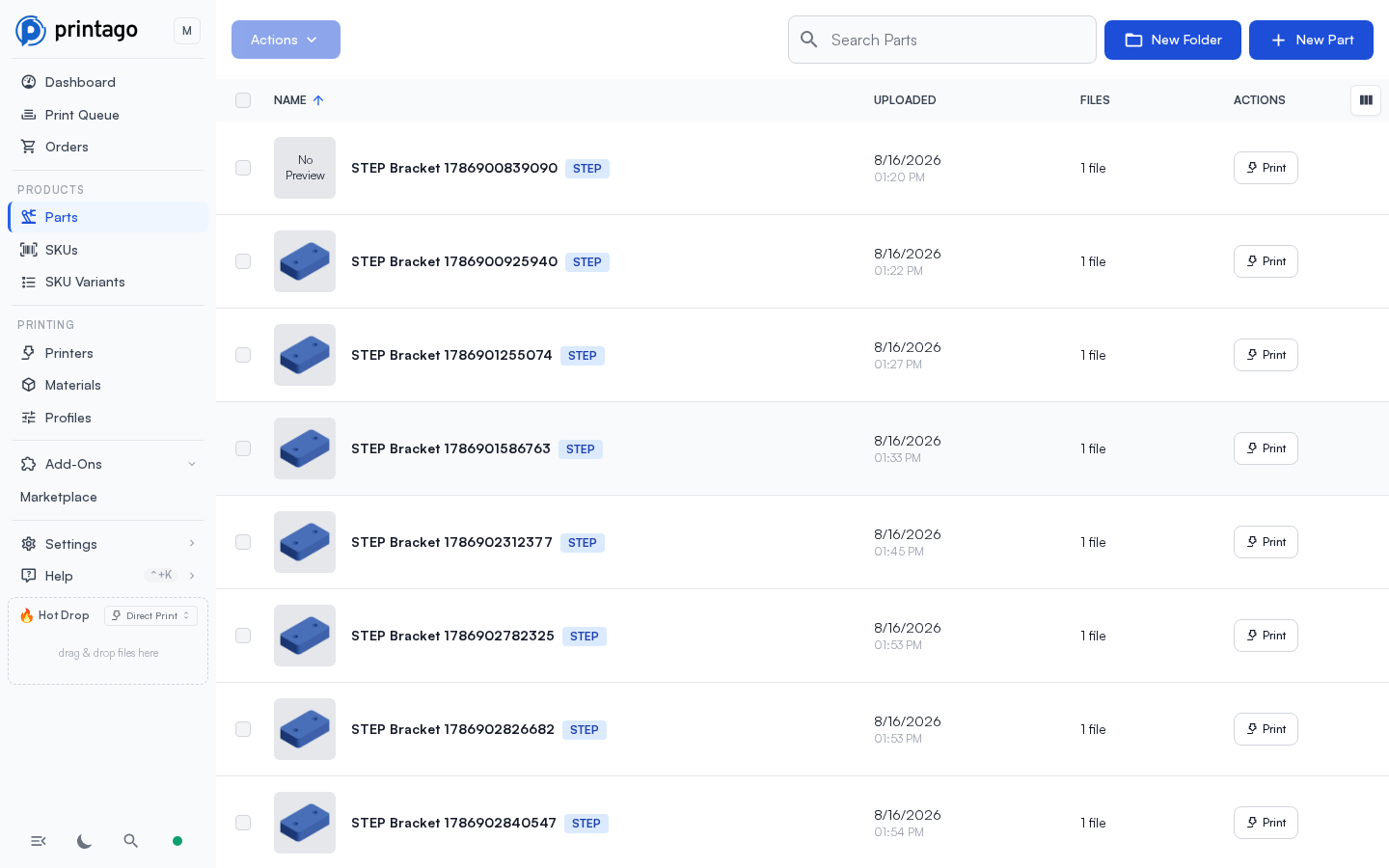 STEP parts in the parts list, each showing a preview image