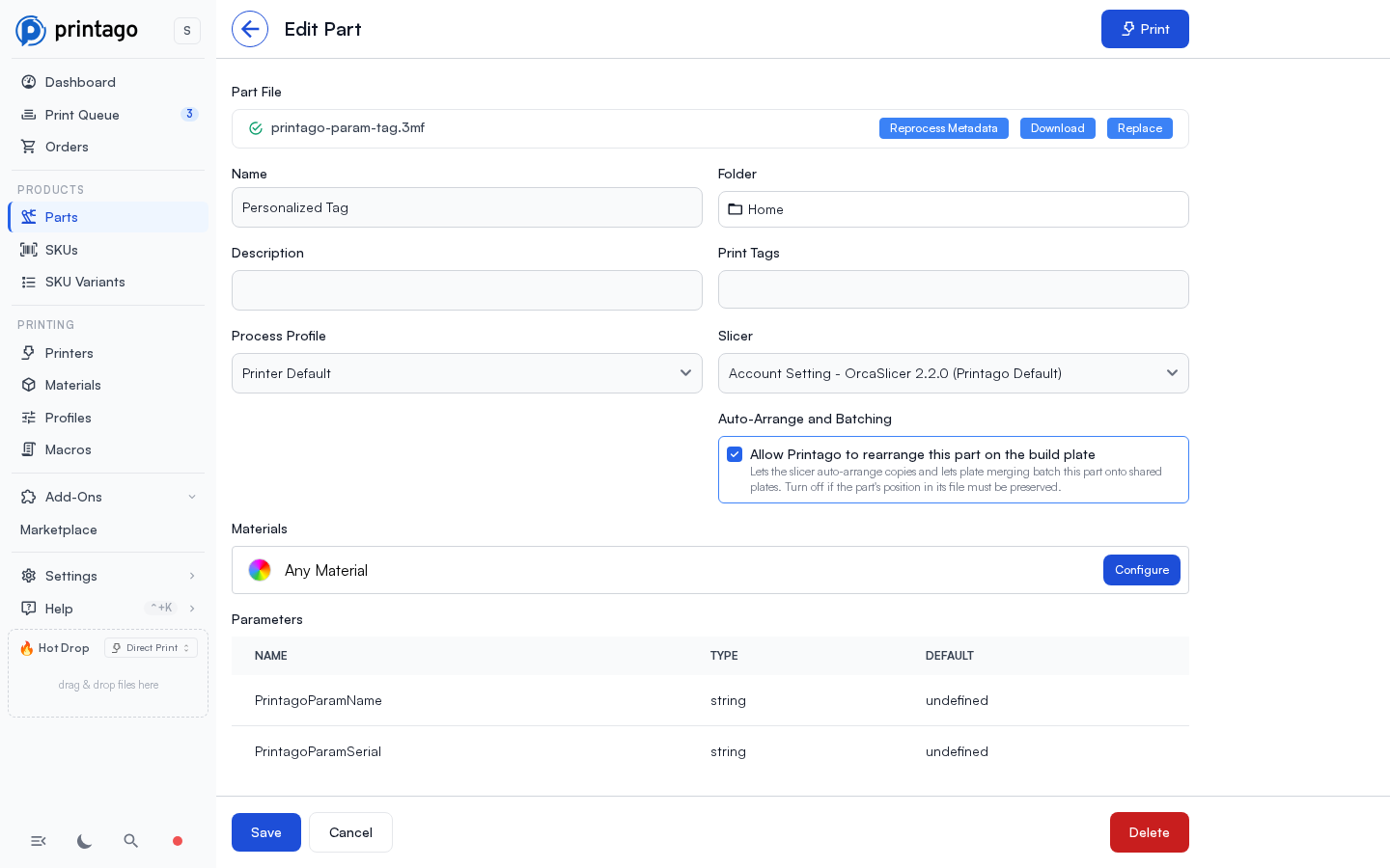 Part page showing auto-detected PrintagoParam parameters