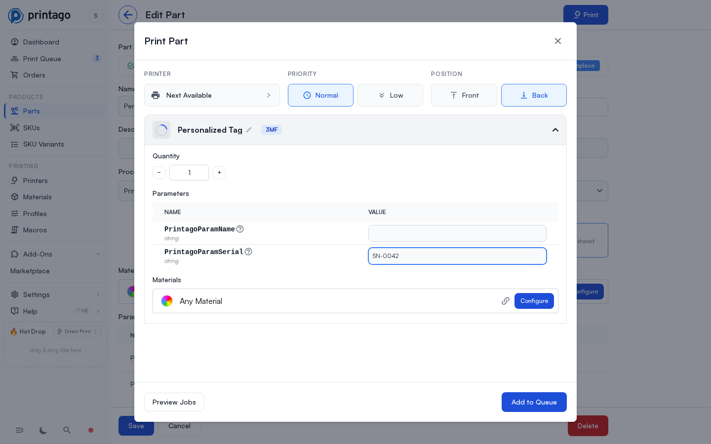 Print dialog with a value entered for a PrintagoParam placeholder
