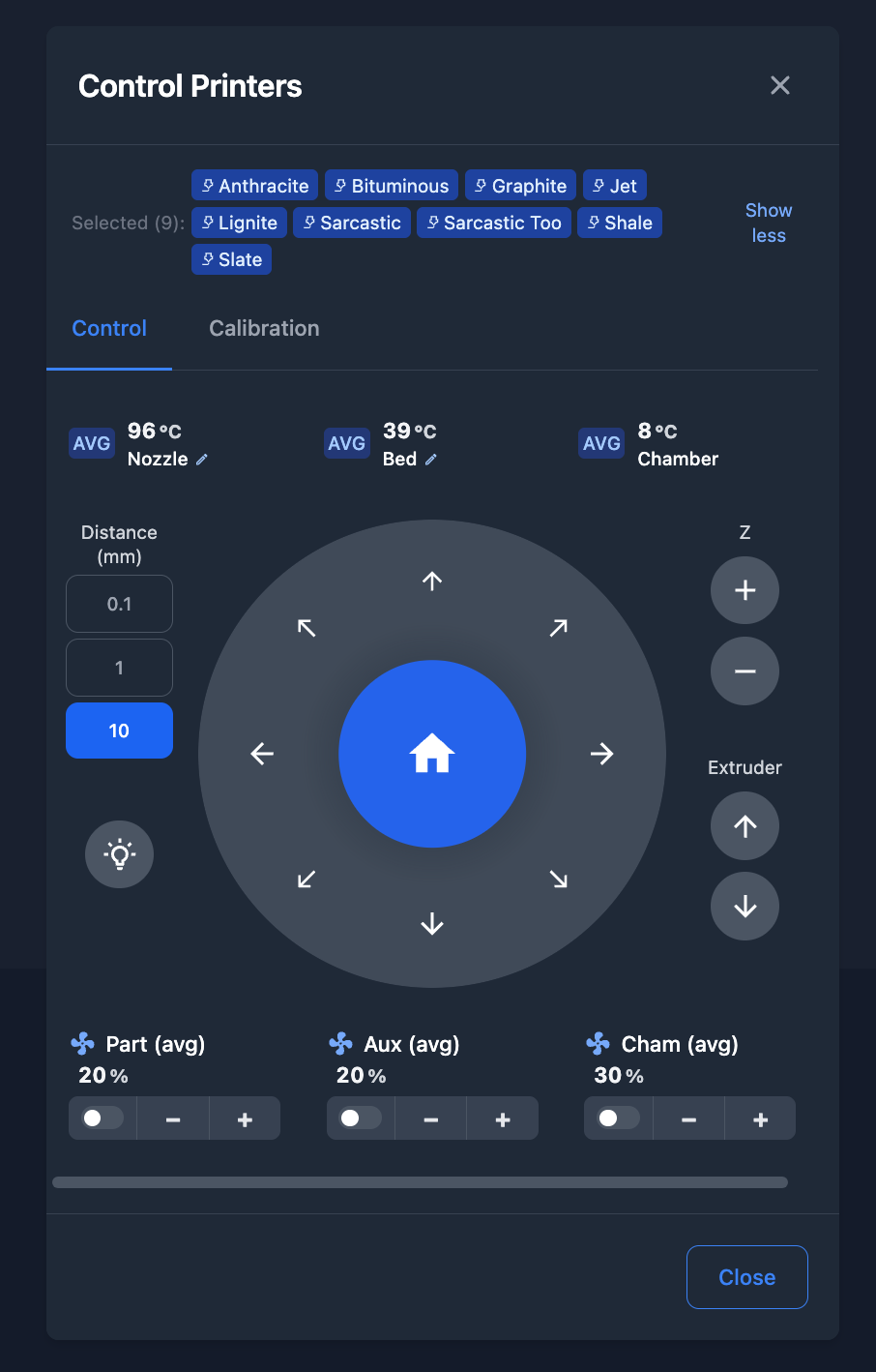 control panel controlling 9 printers at once