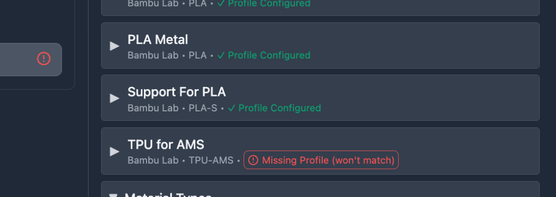 Profile missing warning