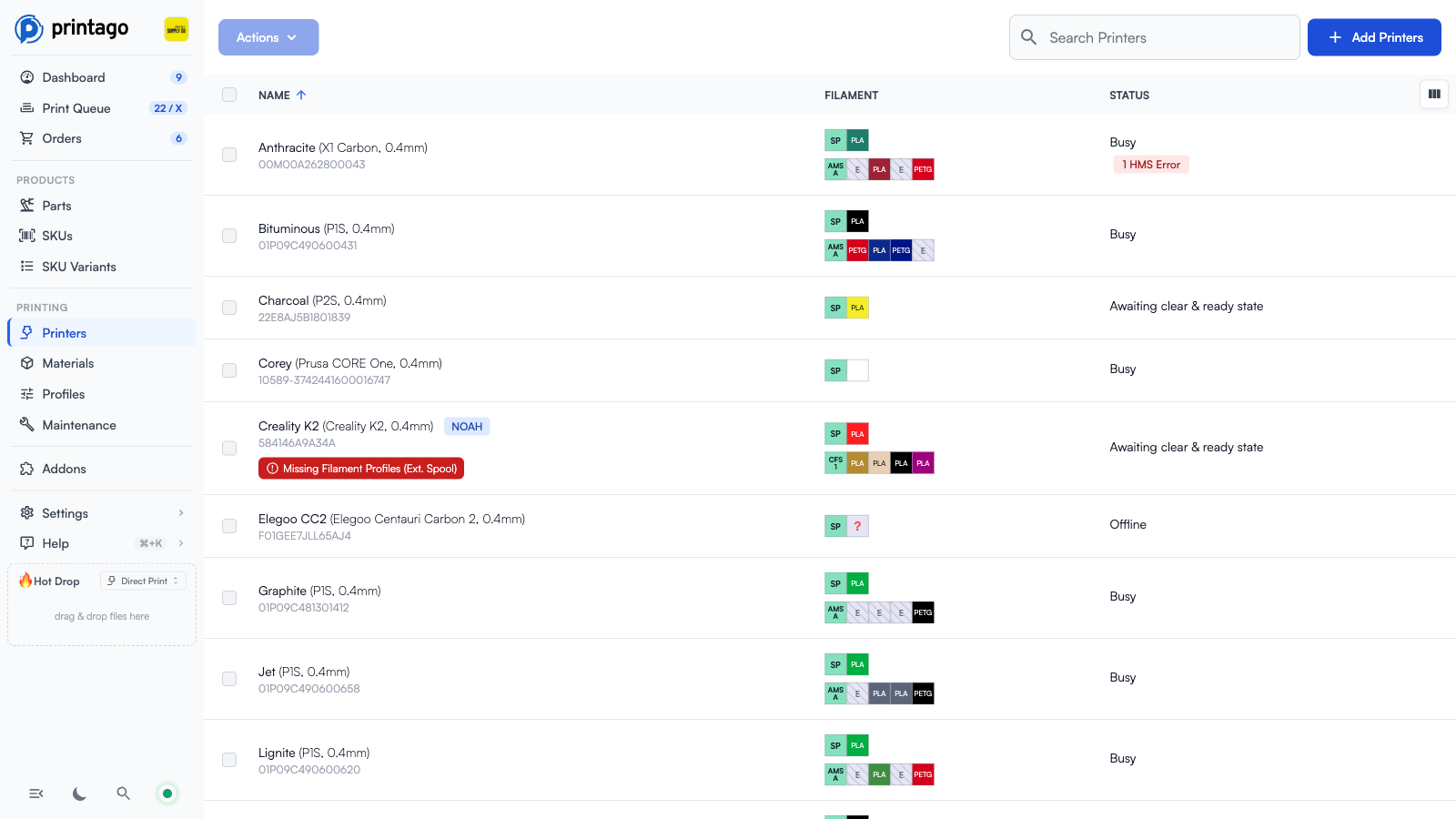 Printers list showing name, filament chips, and status columns with Add Printers button and search