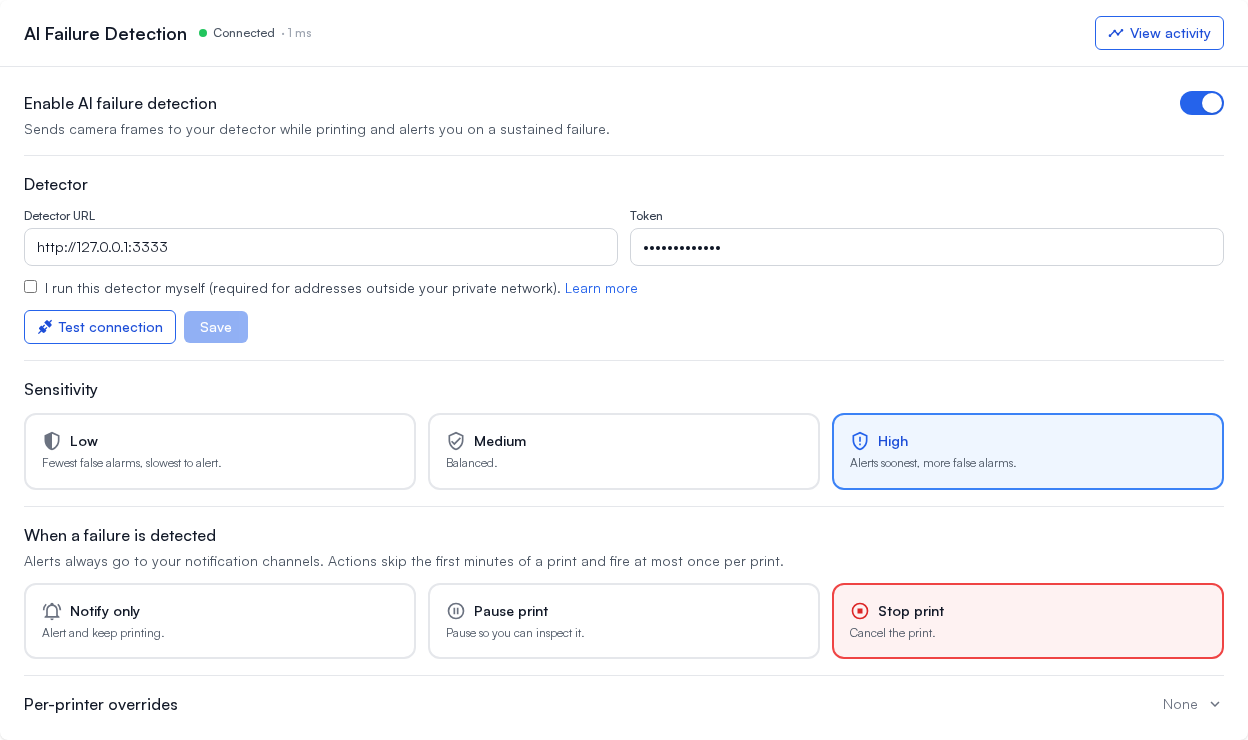 The AI Failure Detection section in Fuse settings