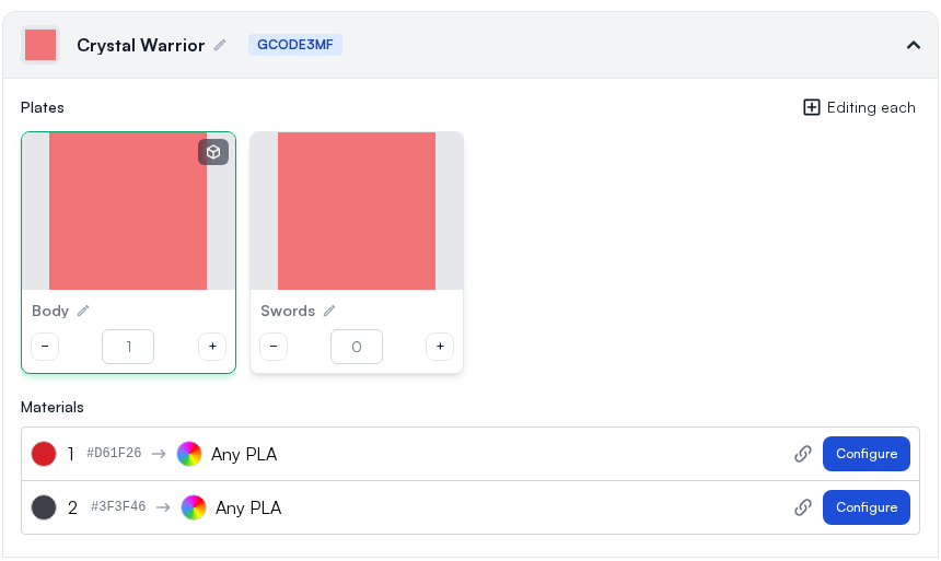 The Print Part dialog with the Body plate selected and both material slots configurable