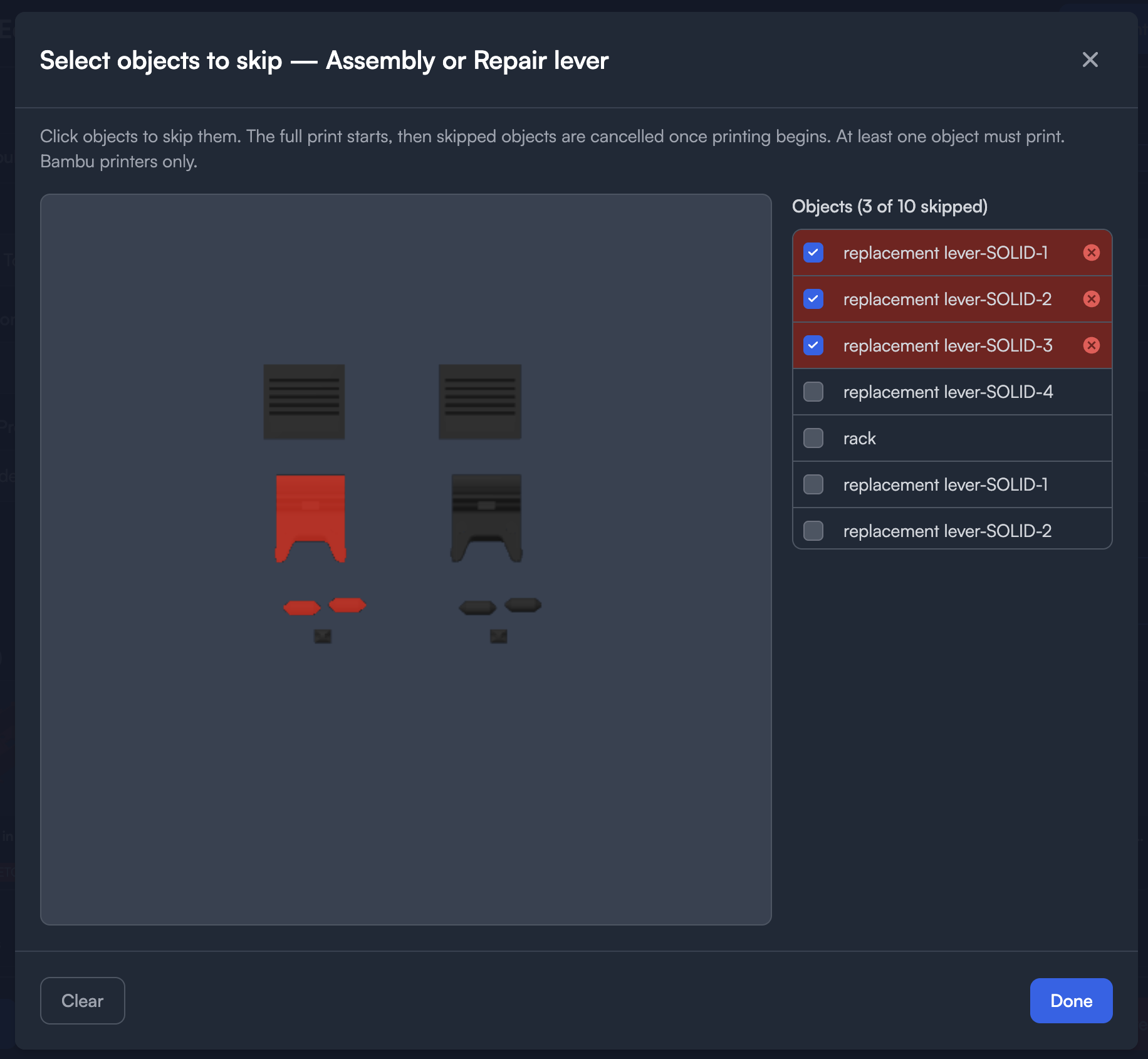 Select objects to skip dialog with three objects marked to skip, shown both highlighted in the plate preview and checked in the object list