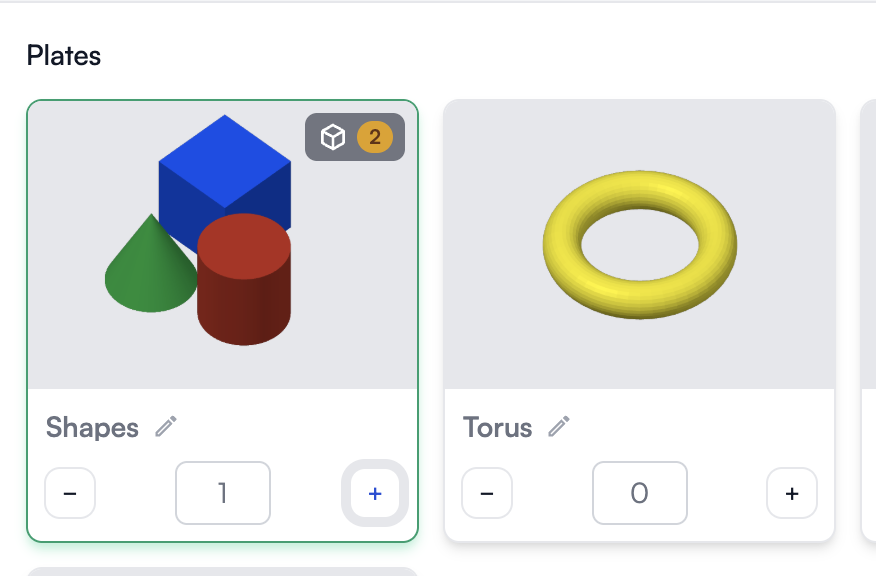 The Shapes plate card with a 2 badge on the cube button, indicating two objects will be skipped