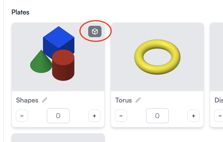 A plate thumbnail in the Print Part dialog with the cube button in the top-right of the plate image circled