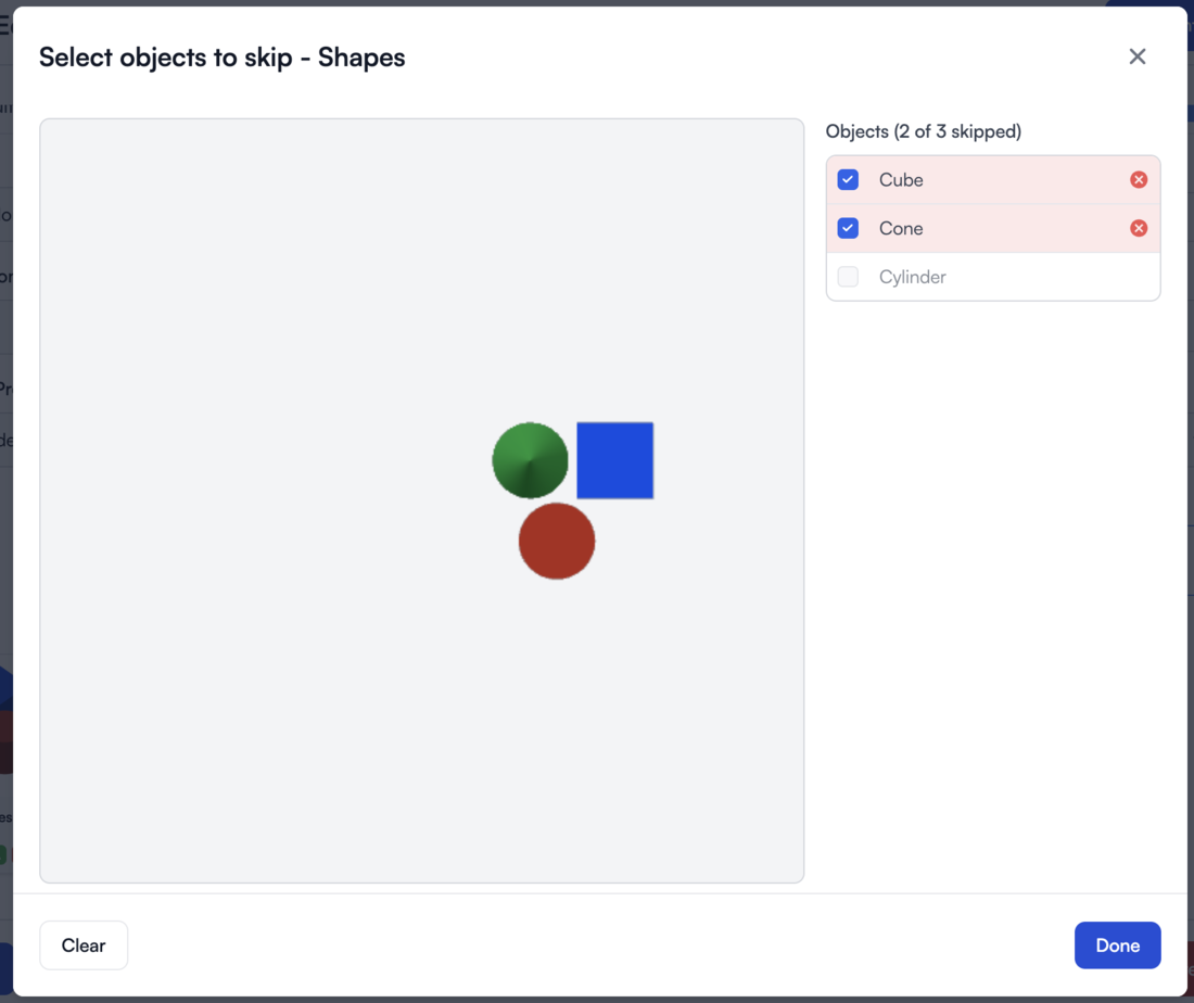 Select objects to skip dialog: Cube and Cone checked and highlighted to skip, Cylinder kept, with a 2 of 3 skipped count