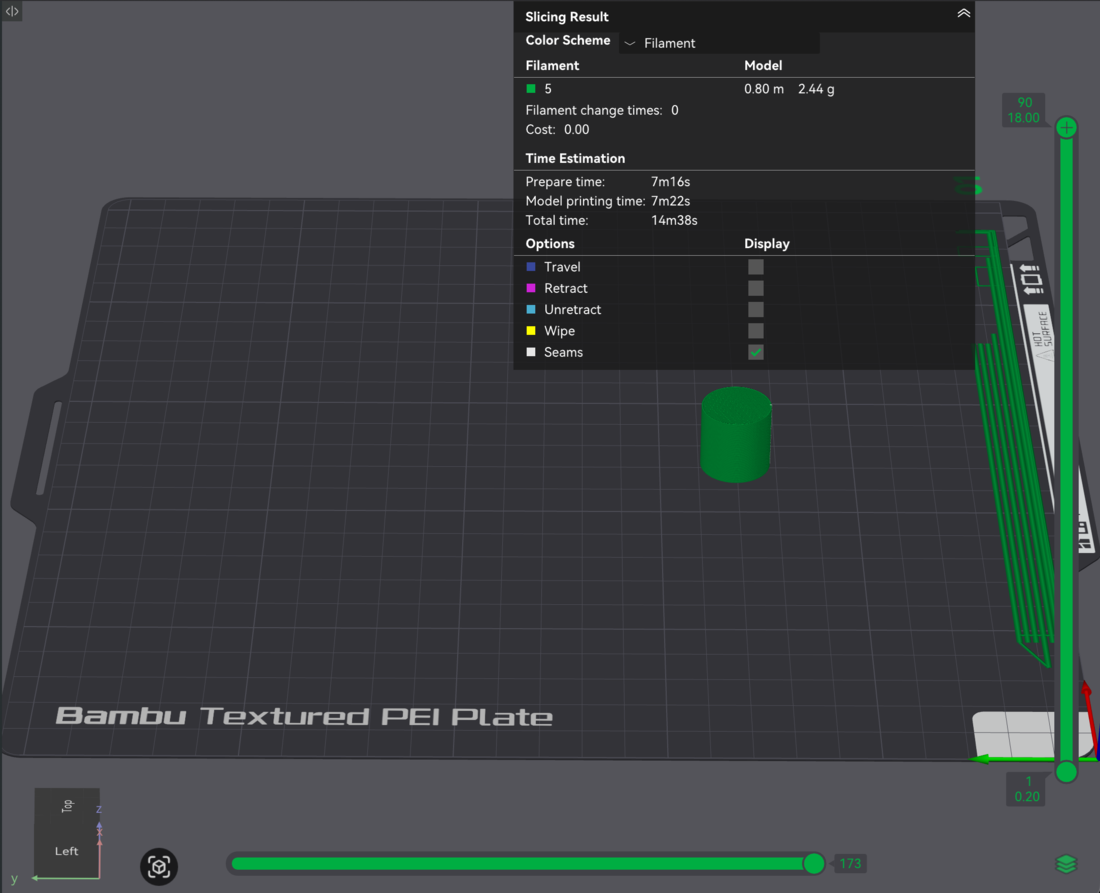 Slicer result with the cube and cone skipped, only the cylinder remains, total time 14 minutes 38 seconds