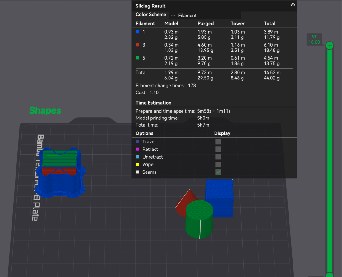 Slicer result with all three shapes kept, total time 5 hours 7 minutes