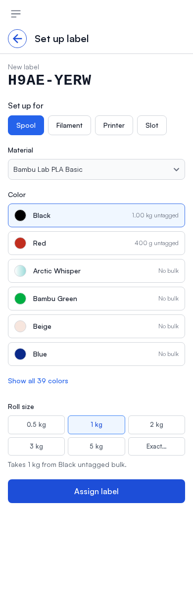 Black picked, with 2.00 kg untagged, and Takes 1 kg from Black untagged bulk above Assign label