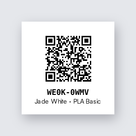 A 1 × 1 inch hub label: the QR, the code, and Jade White · PLA Basic