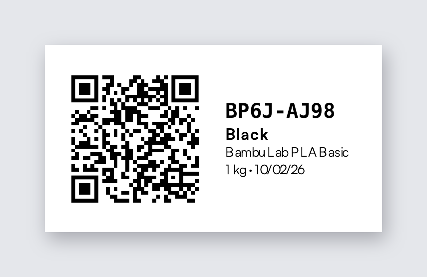 A 2.25 × 1.25 inch spool label: the QR on the left, then the code, Black, Bambu Lab PLA Basic, and 1 kg · 10/02/26
