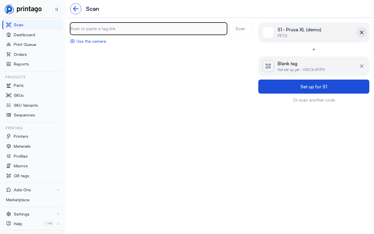 The scan page on a computer, with a slot and a blank tag scanned together and Set up for S1 as the main button