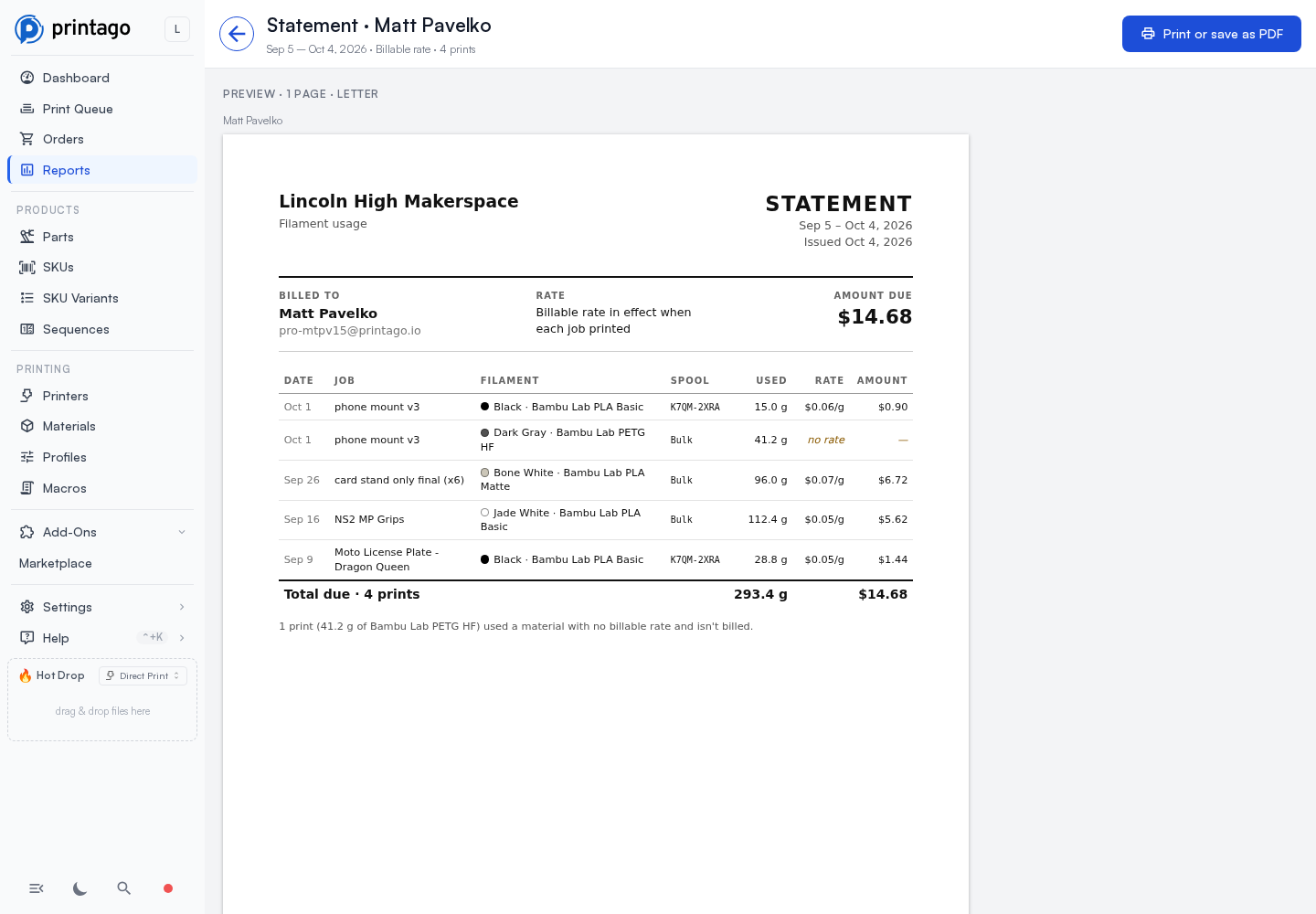 A person's statement: Billed to, the rate, Amount due, and each print with its date, job, filament, spool, grams used, rate and amount, ending in Total due