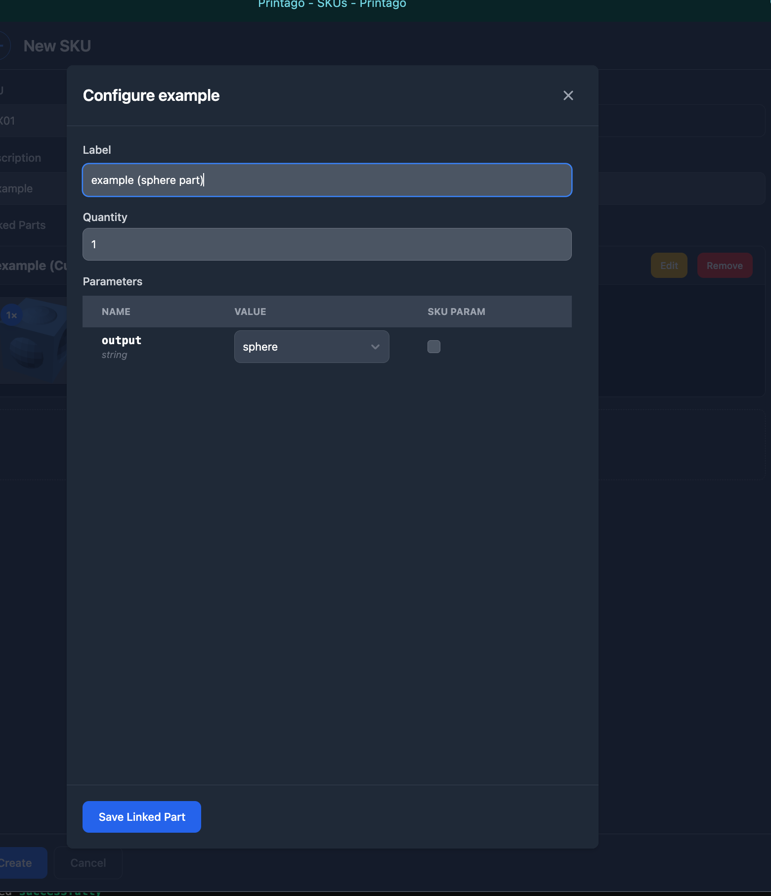 Adding a linked part with the 'SKU PARAM' checkbox to expose parameters